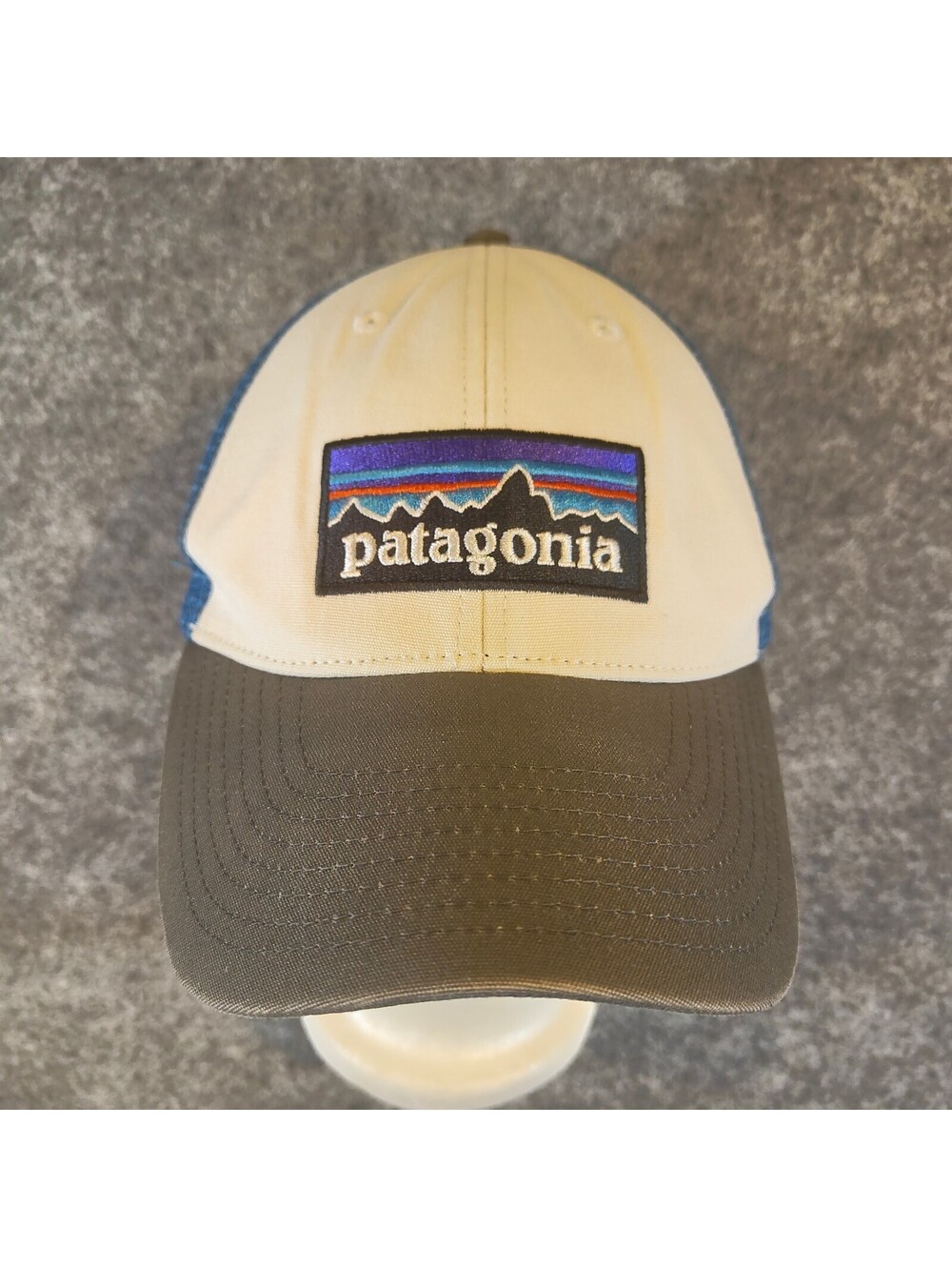 Patagonia Fitz Roy Trucker Hat Cap Organic Cotton Mesh Blue Tan Brown